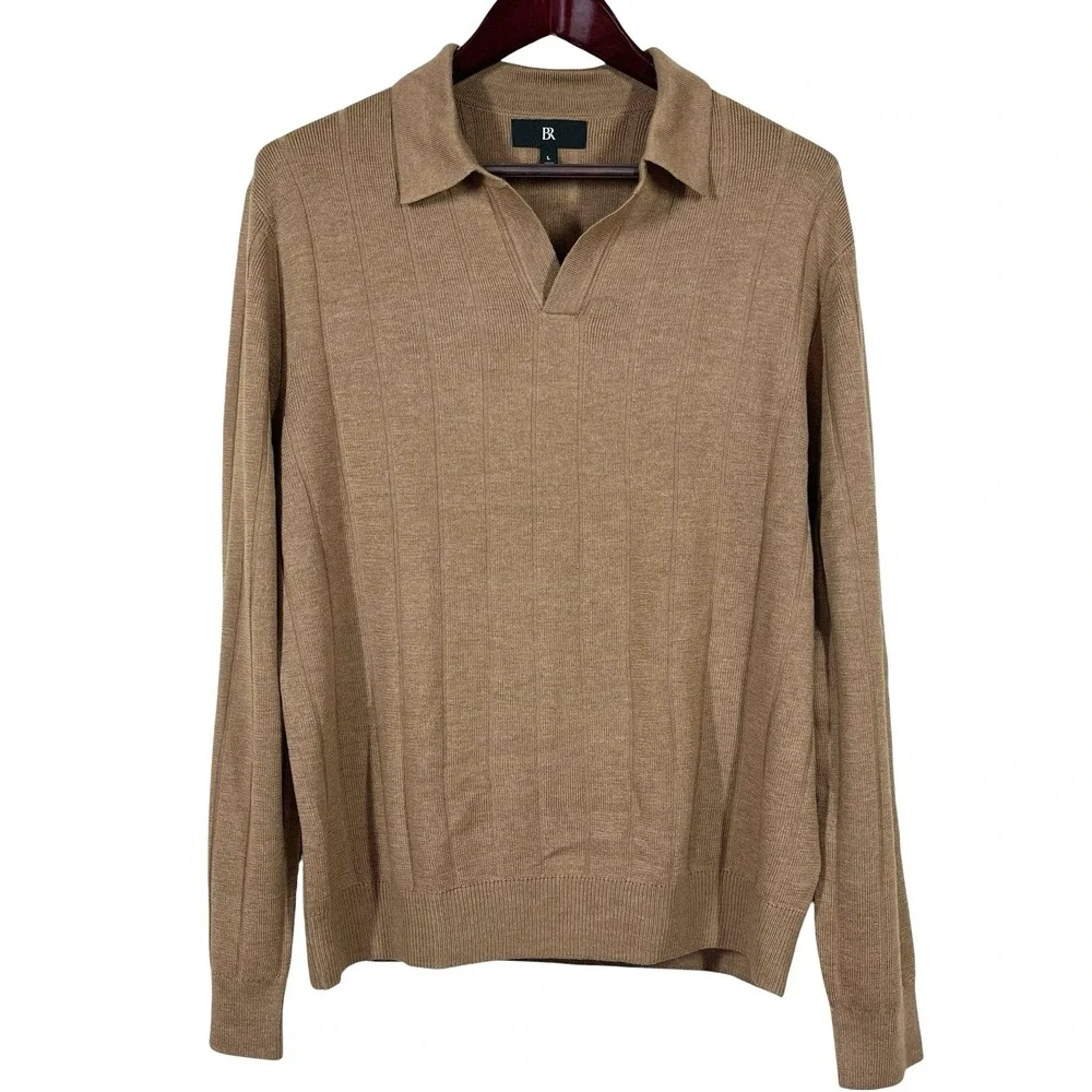 Banana Republic 100% Merino Wool Johnny Collar Sweater Mens L Brown Ribbed Knit